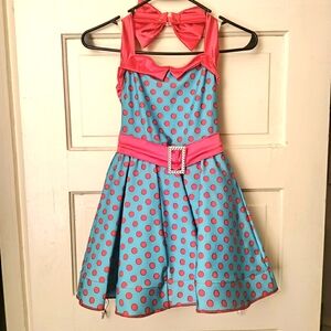Weissman girls tap/jazz dance dress/costume. Blue with red polka-dots, size IC.